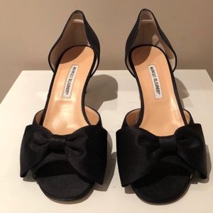 Manolo Black Satin D’Orsay Kitten Heels with Bow